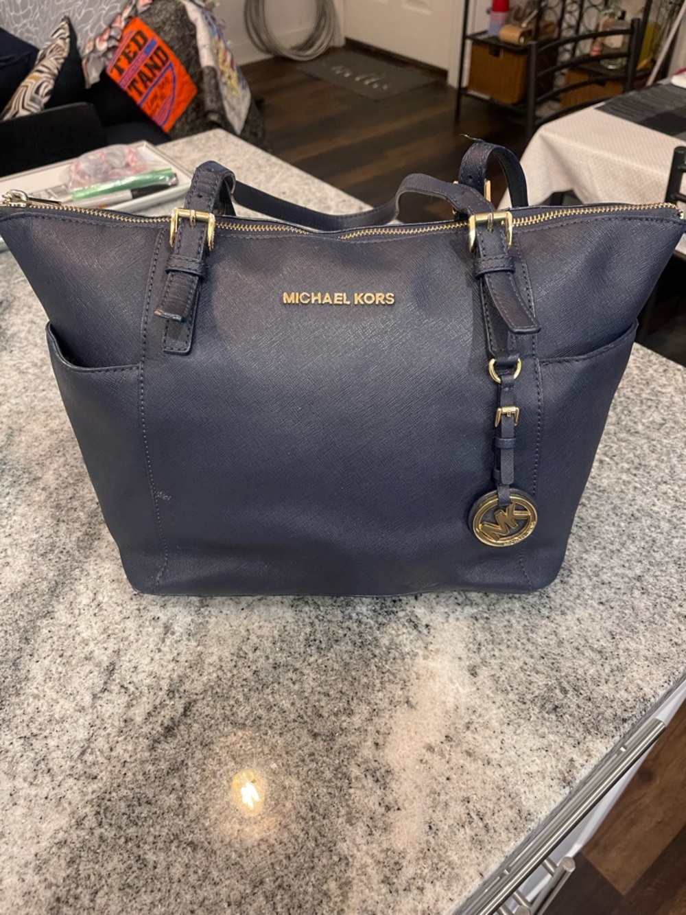 Michael Kors Navy Saffiano Tote with Gold Hardware